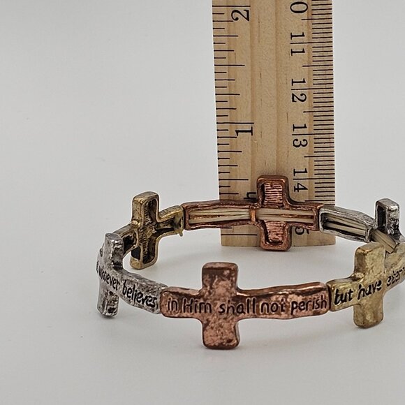 Inspirational Cross Bracelet Bible Verse In Tri-Color Gold  Metal Stretch Faith - Picture 13 of 14
